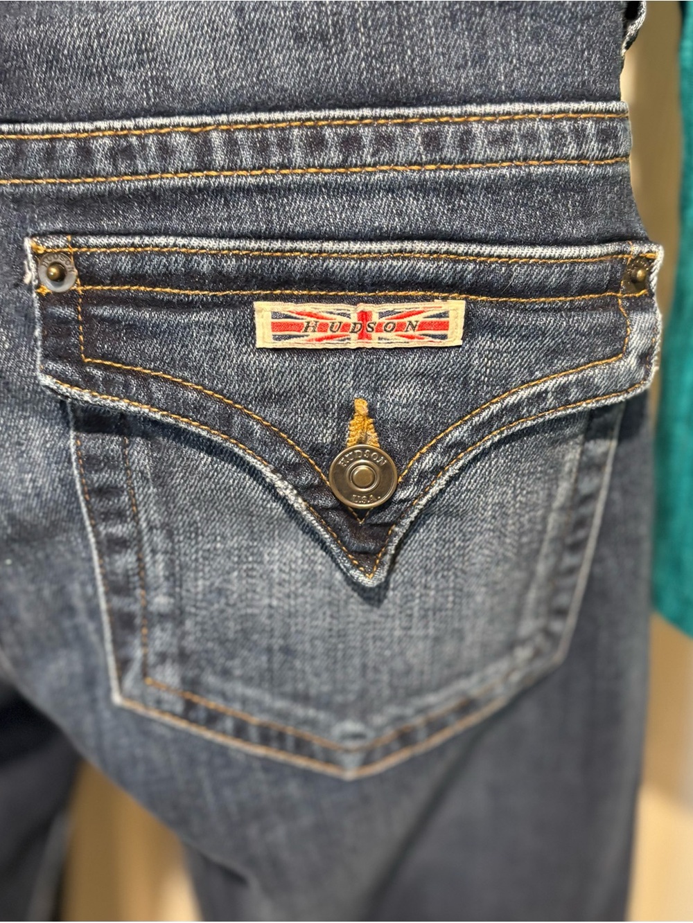 Low Rise Hudson Boot Cut Jeans Dark Blue Flap Pocket Detail w/ Branded Patch